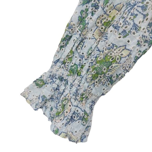 7 For All Mankind Boho Blouse Womens Medium Green Eyelet Embroidered Floral - Picture 11 of 13